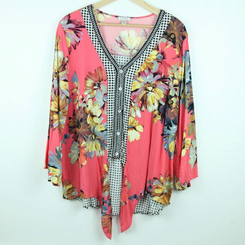 Spense Women's XL Blouse Popover Top Floral Multi Gingham Boho Relaxed Tie Front